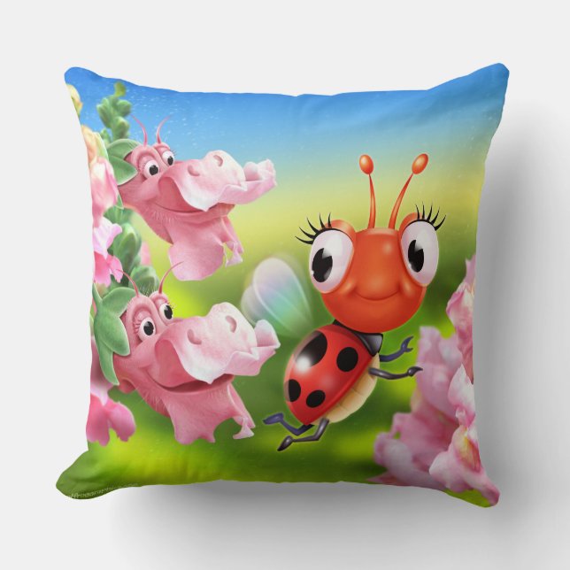 Cushion med söta Ladybug och vänliga Snap Dragons Kudde (Framsida)