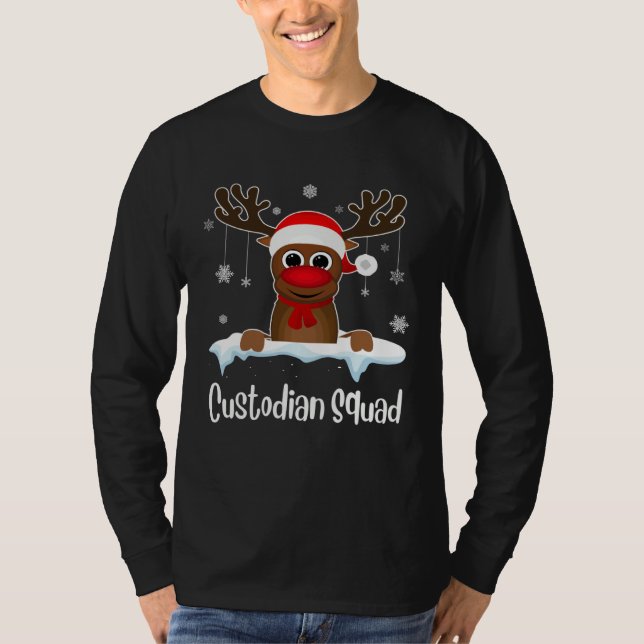 Custodian Squad Xmas Reindeer Santa Hat Christmas  T Shirt (Framsida)