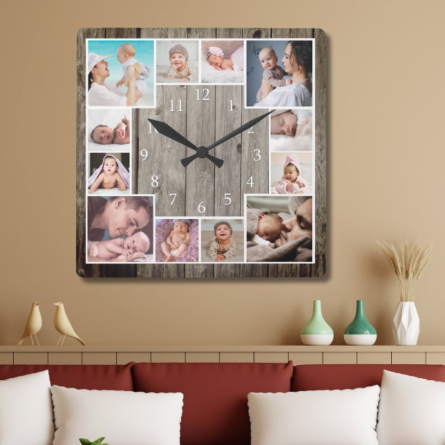 Custom 12 Family Photo Collage Rustic Wood   Fyrkantig Klocka (Skapare uppladdad)