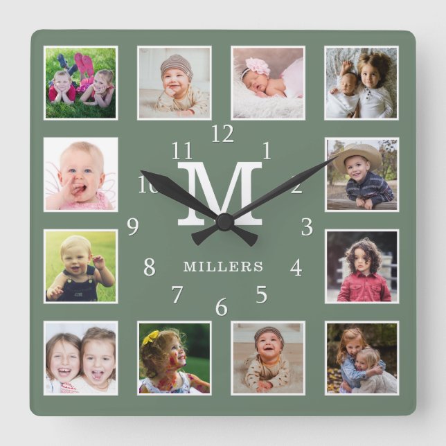 Custom 12 Photo Collage Family Name Monogram Green Fyrkantig Klocka (Framsida)