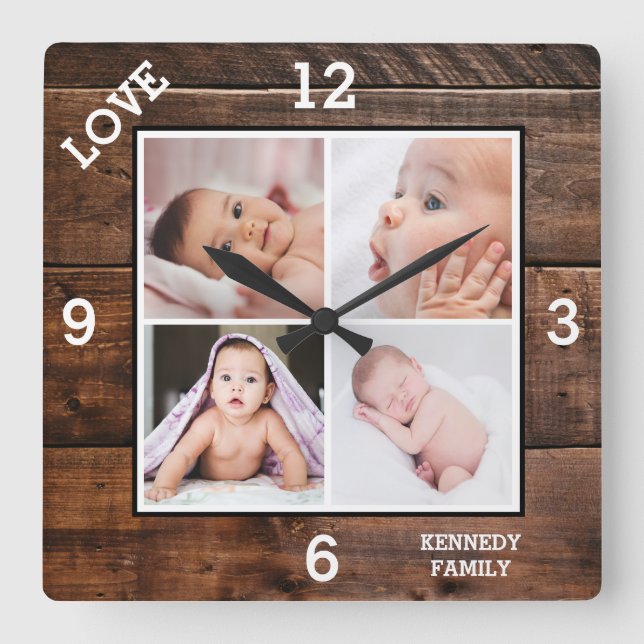 Custom 4 Photo Collage Family Name Love Dark Wood Fyrkantig Klocka (Framsida)
