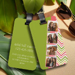 Custom 4 Photo Collage Lime and Coral Chevrons Bagagebricka<br><div class="desc">A great way to display your square photos from your online account.  A fun zig zag stripe design highlights the pics.</div>