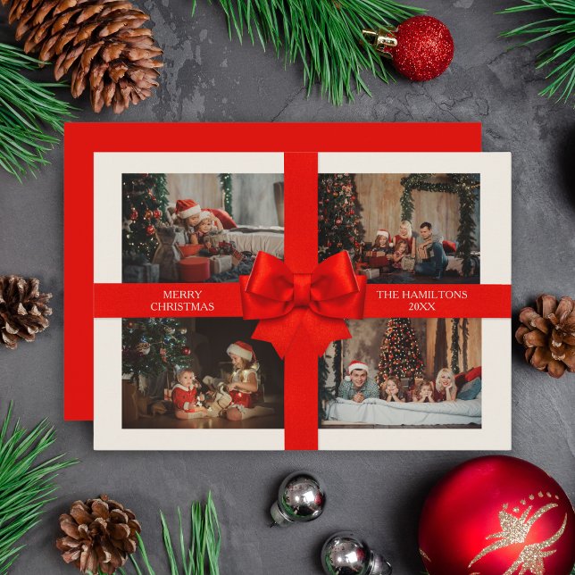 Custom 4 Photo Elegant Big Red Ribbon Christmas Julkort (Elegant Big Red Ribbon Christmas Custom 4 Photo Holiday Card
)