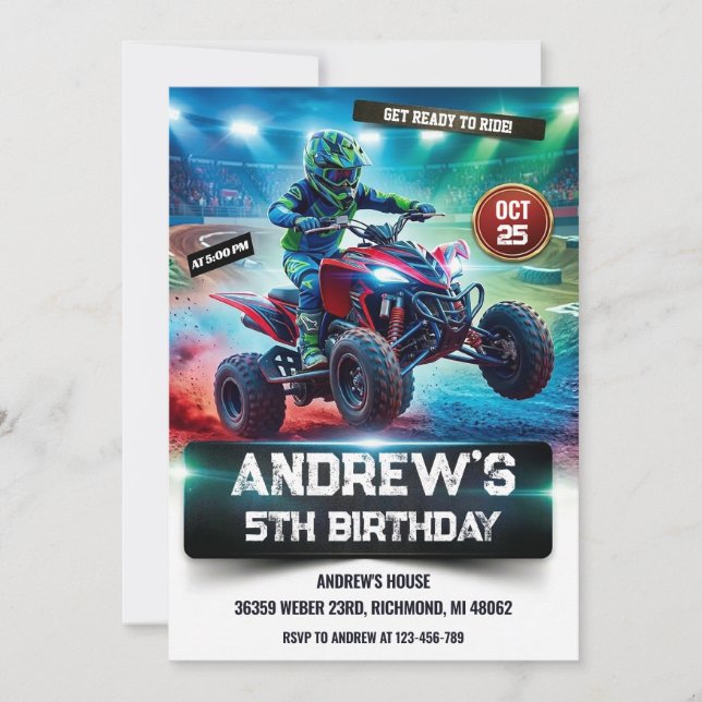 Custom 4 Wheeler ATV Birthday Party for boy Inbjudningar (Framsida)