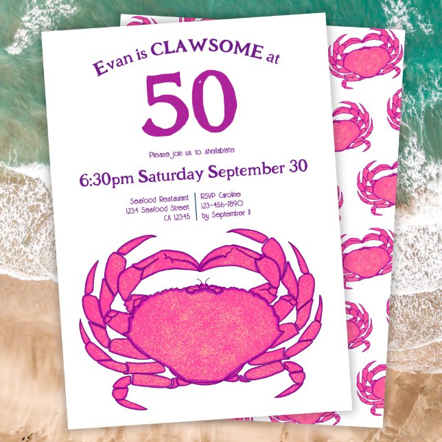 Custom 50th Birthday Bold Pink Crab Seafood Pun Inbjudningar (Skapare uppladdad)