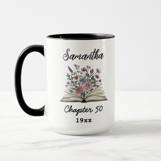 Custom 50th Birthday Name - Chapter 50 Floral Book Mugg (Vänster)