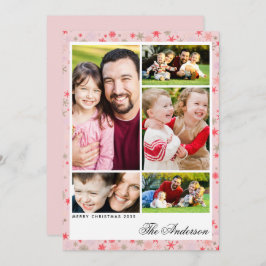 Custom 5-Photo Pink Snowflake Christmas Flat Card Julkort
