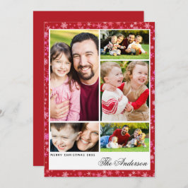 Custom 5-Photo Red Snowflake Christmas Flat Card Julkort