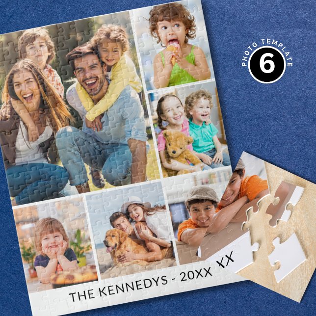 Custom 6 Photo Collage Family Name Simple White Pussel (Skapare uppladdad)