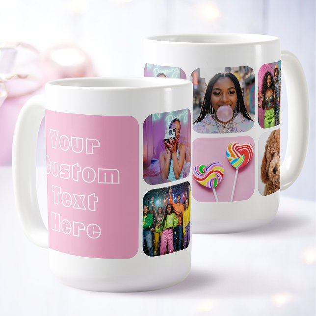 Custom 6 Photo Modern Retro Pink Besties  Kaffemugg (Skapare uppladdad)