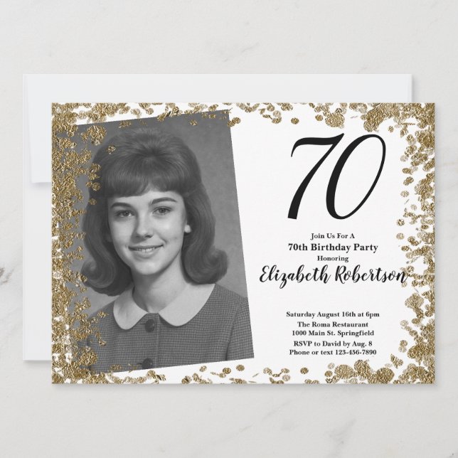 Custom 70th Photo Black and Gold Sequins Inbjudningar (Framsida)
