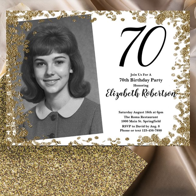 Custom 70th Photo Black and Gold Sequins Inbjudningar (Skapare uppladdad)
