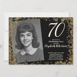 Custom 70th Photo Black and Gold Sequins Inbjudningar