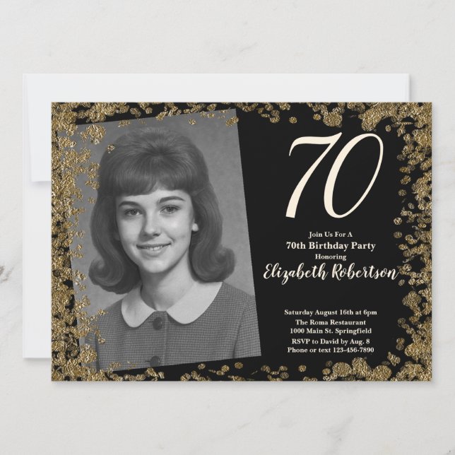 Custom 70th Photo Black and Gold Sequins Inbjudningar (Framsida)