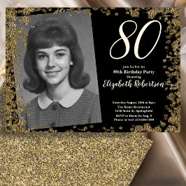Custom 80th Photo Black and Gold Sequins Inbjudningar