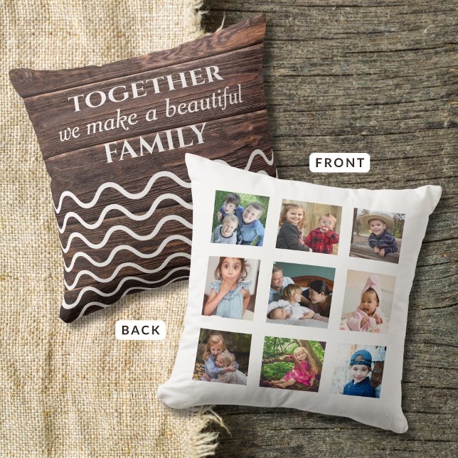 Custom 9 Photo Collage Family Quote Wood White Kudde (Skapare uppladdad)