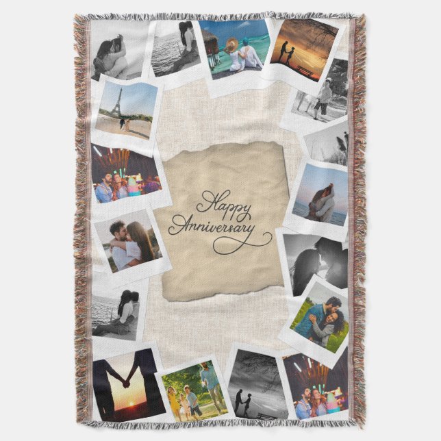 Custom Anniversary Photo Collage with Linen  Filt (Framsidan Vertikal)