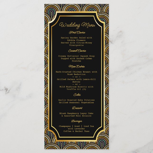 Custom Art Deco Embroidered-Style Wedding Menu Meny (Framsida)