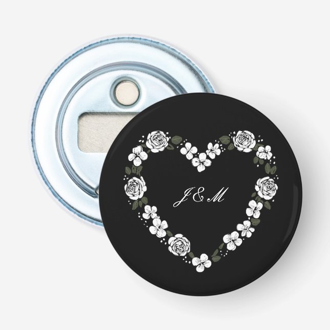 Custom B&W Floral Heart Wedding Bottle Opener Flasköppnare (Framsidan)