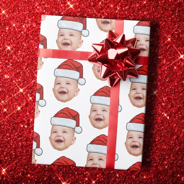 Custom Baby Face Photo Santa Hat Christmas White Presentpapper (Skapare uppladdad)