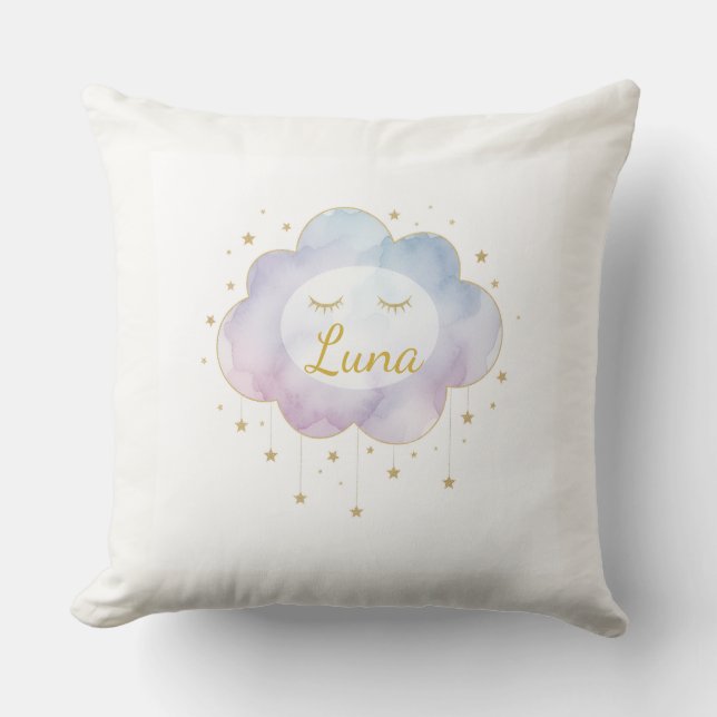 Custom Baby Name Lavender Watercolor Cloud Gold Ey Kudde (Framsida)