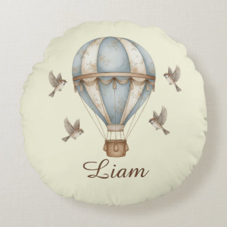 Custom Baby Name Watercolor Vintage Hot Air Balloo Rund Kudde