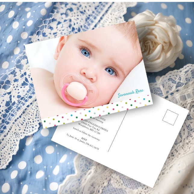 Custom Baby Photo Polka Dots Naming Ceremony Meddelande Vykort (Custom Baby Photo Polka Dots Naming Ceremony Announcement Postcard.)