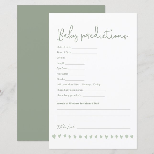 Custom Baby Predictions Baby Shower Game Neutral (Fram/baksida)