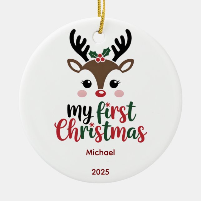 Custom Babys First Christmas Bauble, Baby 2025 Julgransprydnad Keramik (Framsidan)