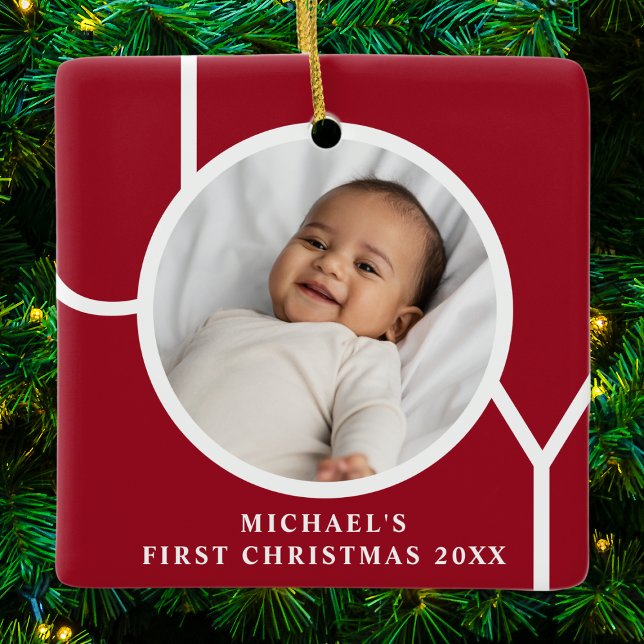 Custom Baby's First Christmas Photo Red Julgransprydnad Keramik (Skapare uppladdad)