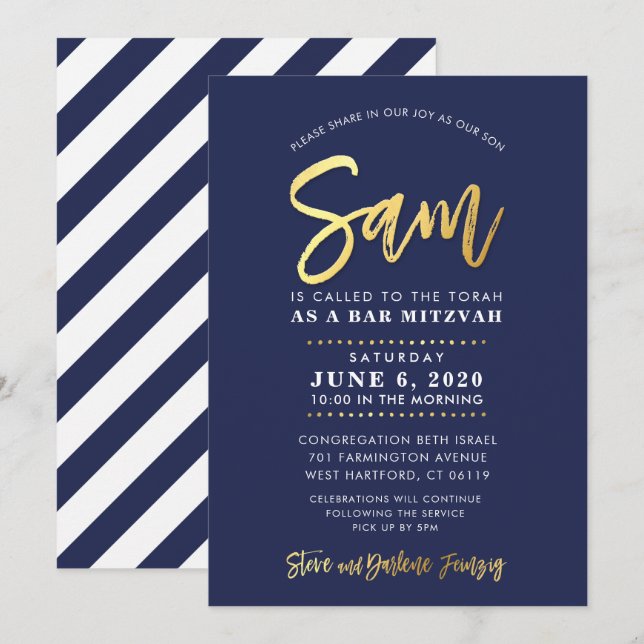 CUSTOM Bar Mitzvah modern marin + guldnamn SAM Inbjudningar (Fram/baksida)