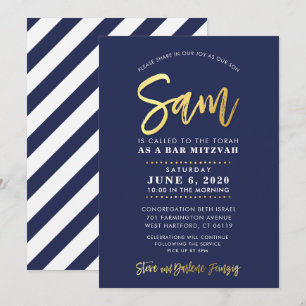 CUSTOM Bar Mitzvah modern marin + guldnamn SAM Inbjudningar