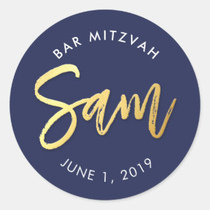 CUSTOM Bar Mitzvah modern marin + guldnamn SAM Runt Klistermärke