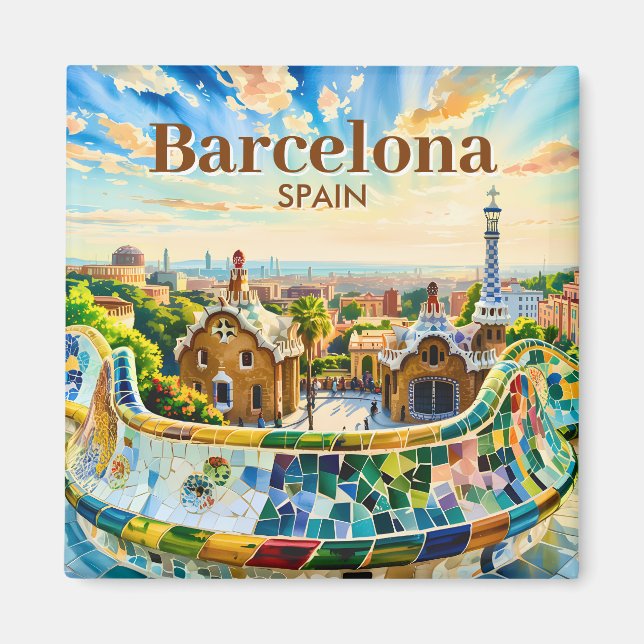Custom Barcelona Spain Watercolor Park Guell Retro Magnet (Framsidan)