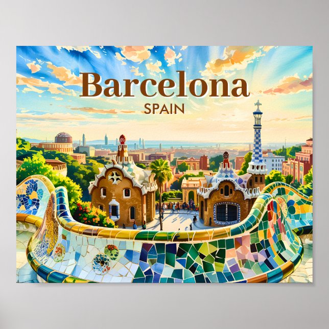 Custom Barcelona Spain Watercolor Park Guell Retro Poster (Framsidan)