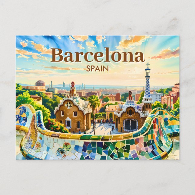 Custom Barcelona Spain Watercolor Park Guell Retro Vykort (Framsida)