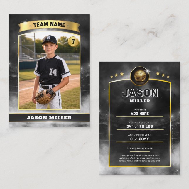 Custom Baseball Trading Card, Black Gold Stadium  (Fram/baksida)