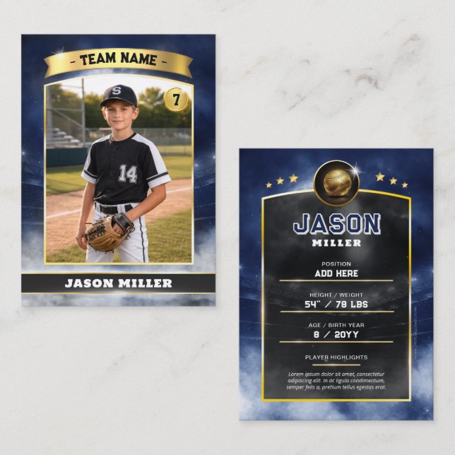 Custom Baseball Trading Card, Blue Gold Stadium (Fram/baksida)