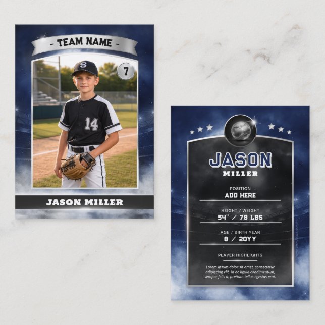 Custom Baseball Trading Card, Blue Silver Stadium (Fram/baksida)