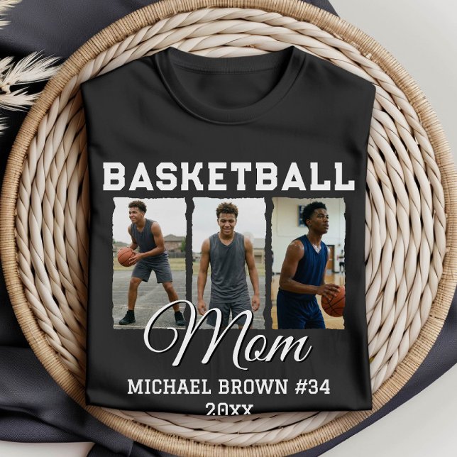 Custom Basketball Mom 3 Photo Collage Name Number T Shirt (Skapare uppladdad)