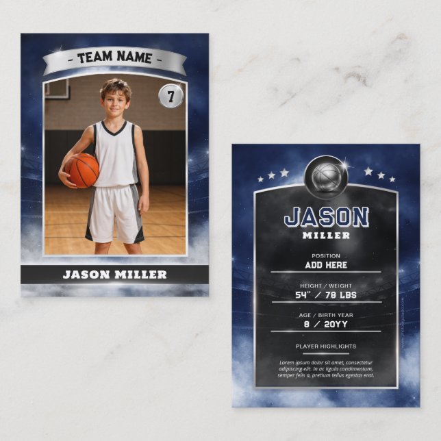 Custom Basketball Trading Card Blue Silver Stadium (Fram/baksida)
