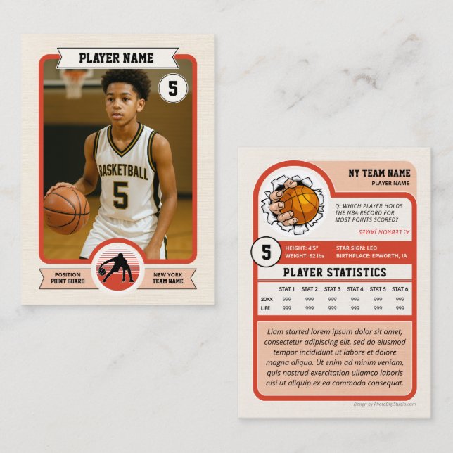 Custom Basketball Trading Card, Retro Player Card (Fram/baksida)