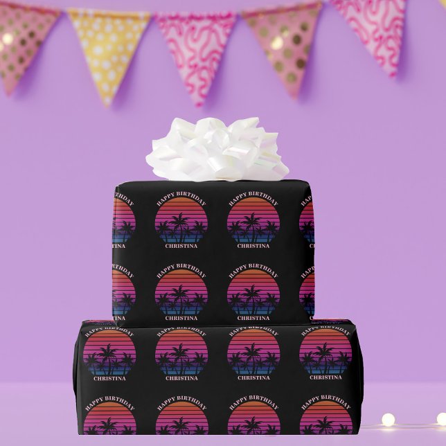 Custom Beach Sunset Palm Trees Birthday Presentpapper (Skapare uppladdad)