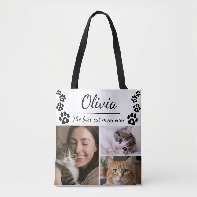 Custom Best Cat Mom Photo Collage Tote Bag  Tygkasse (Framsida)