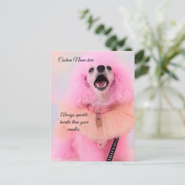 Custom Birthday Card, Pink Toy Poodle, Mozzarella Helg Vykort (Stående Fram)