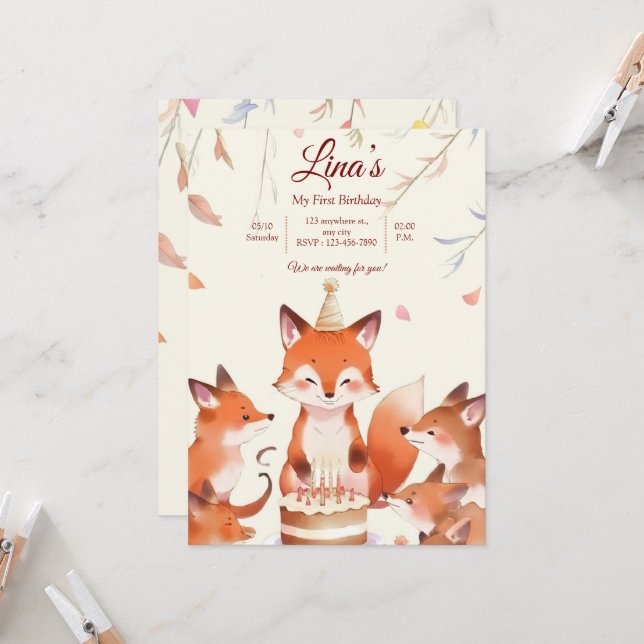 Custom Birthday Invitation with Cute Foxes Inbjudningar (Fram/Back In Situ)