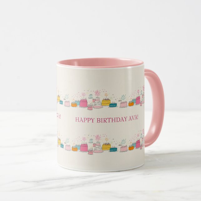 Custom Birthday Mug – Cream Confetti & Cake Doodle Mugg (Framsida höger)