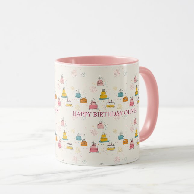 Custom Birthday Mug – Floating Cakes & Confetti Mugg (Framsida höger)