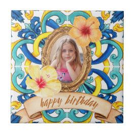 Custom Birthday Photo Blue Mediterranean Tile Cera Kakelplatta