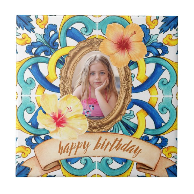 Custom Birthday Photo Blue Mediterranean Tile Cera Kakelplatta (Framsidan)